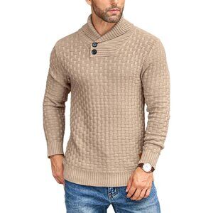 Men's Shawl Collar Pullover Sweater Casual Slim Fit Button Textured Knit Sweater